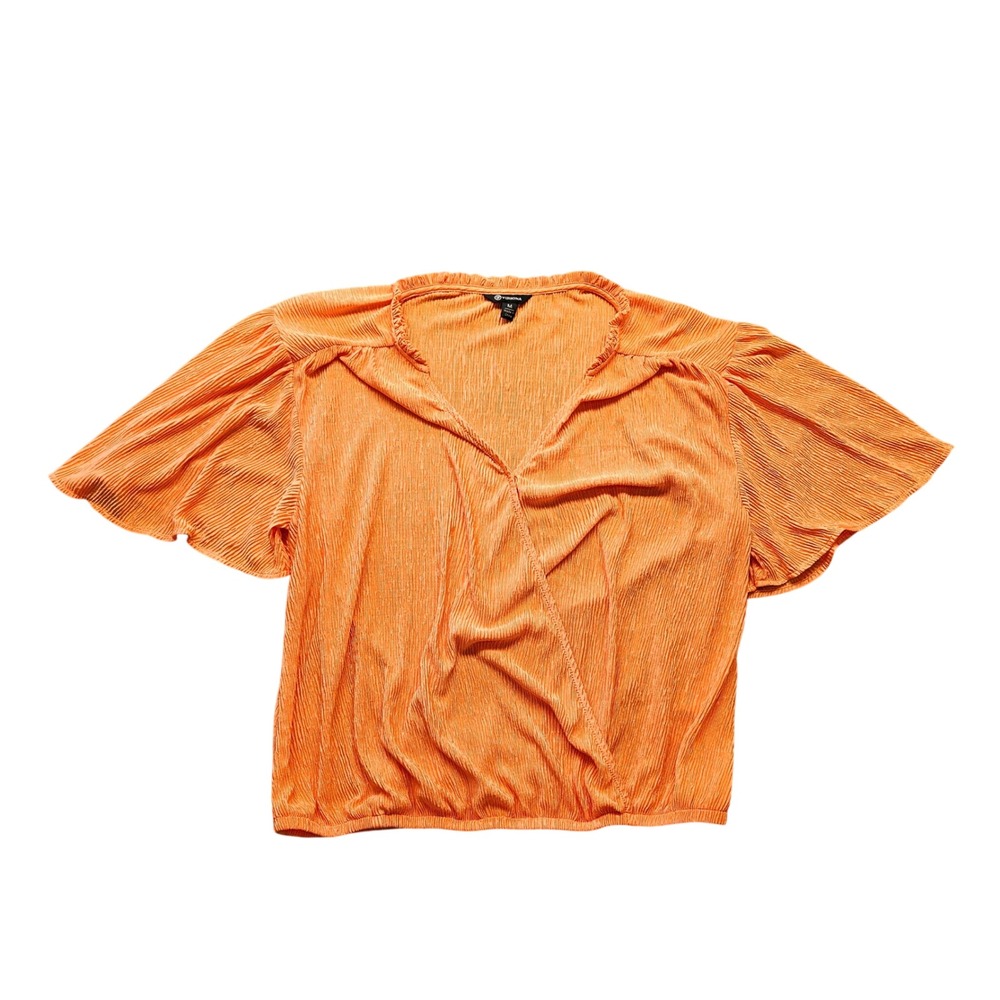 Versona Womens Orange Plisse Wrap Blouse Flutter Sleeve Elastic Hem Top Medium